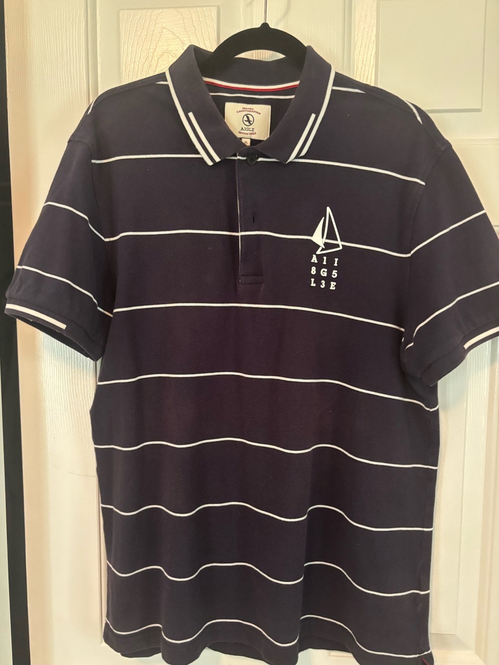 Aigle French Navy and White Striped Polo with Sailboat Motif